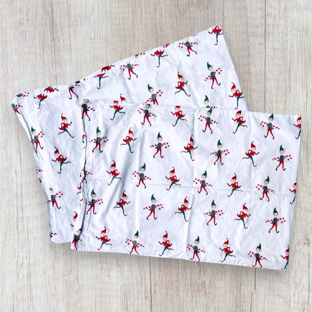 Pottery Barn Kids Holiday Elf Pillowcases Set of 2 Christmas Sheets Bedding